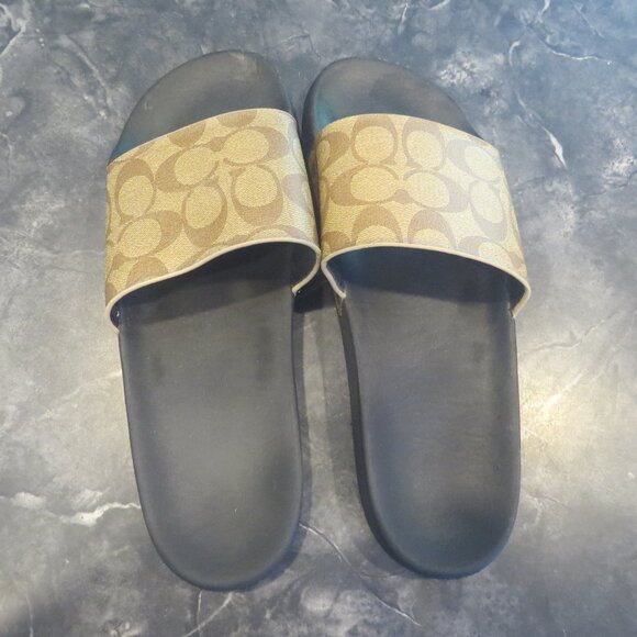 Coach Signature Brown Tan Logo Slide Sandals Black Footbed Women’s Size 11 NWT - Picture 1 of 8